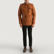 
Hunter Tan Brown Fur Leather Jacket - Lateral Side Profile View Showing Sleeve Cut & Athletic Taper Fit