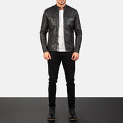 
Men's Ionic Black Leather Jacket - Lateral Side Profile View Showing Sleeve Cut & Athletic Taper Fit