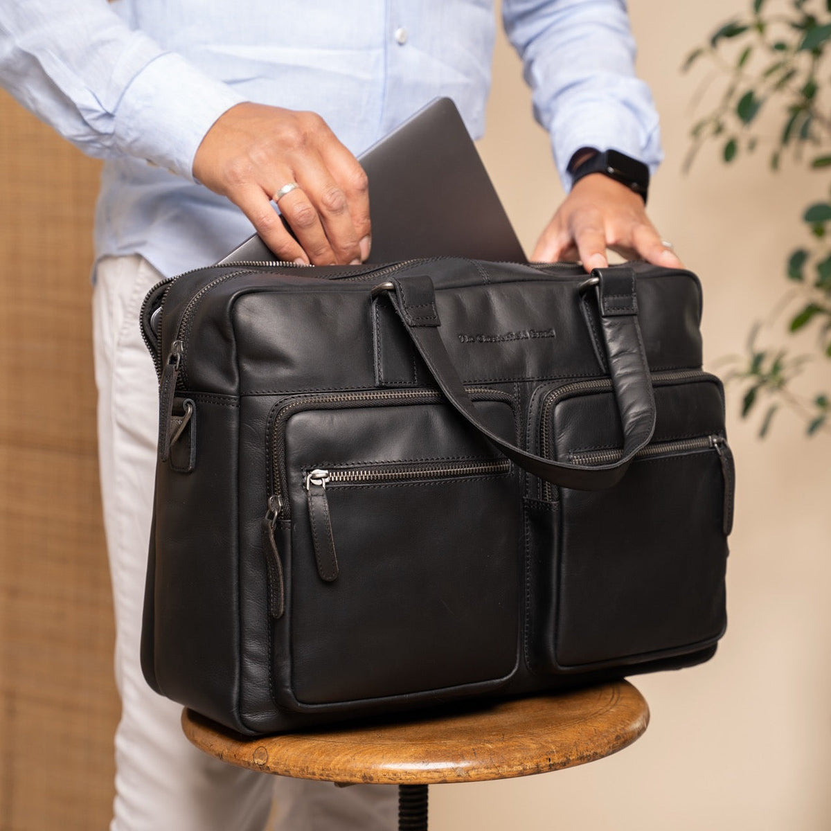 
Misha Full-Grain Leather Laptop Bag - Structured Side Profile Showing Gusset Depth & Expansion Capacity