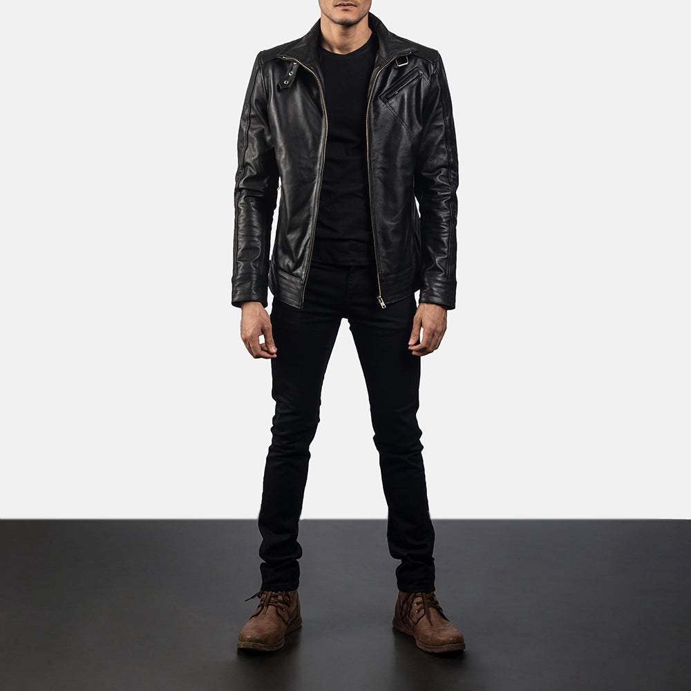 Men's Legacy Black Leather Biker Jacket - Lateral Side Profile View Showing Sleeve Cut &amp; Athletic Taper Fit