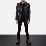 Men's Legacy Black Leather Biker Jacket - Lateral Side Profile View Showing Sleeve Cut &amp; Athletic Taper Fit