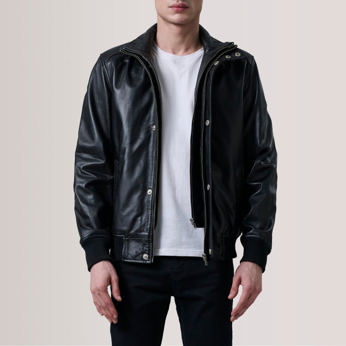 Lester Brown Suede Bomber Jacket For Men in Brown Goatskin Suede - Front Profile View &amp; Tailored Silhouette | Buy Online