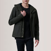Marlo Olive Canvas Hooded Work Jacket For Men in Olive Waxed Cotton Canvas - Front Profile View &amp; Tailored Silhouette | Buy Online