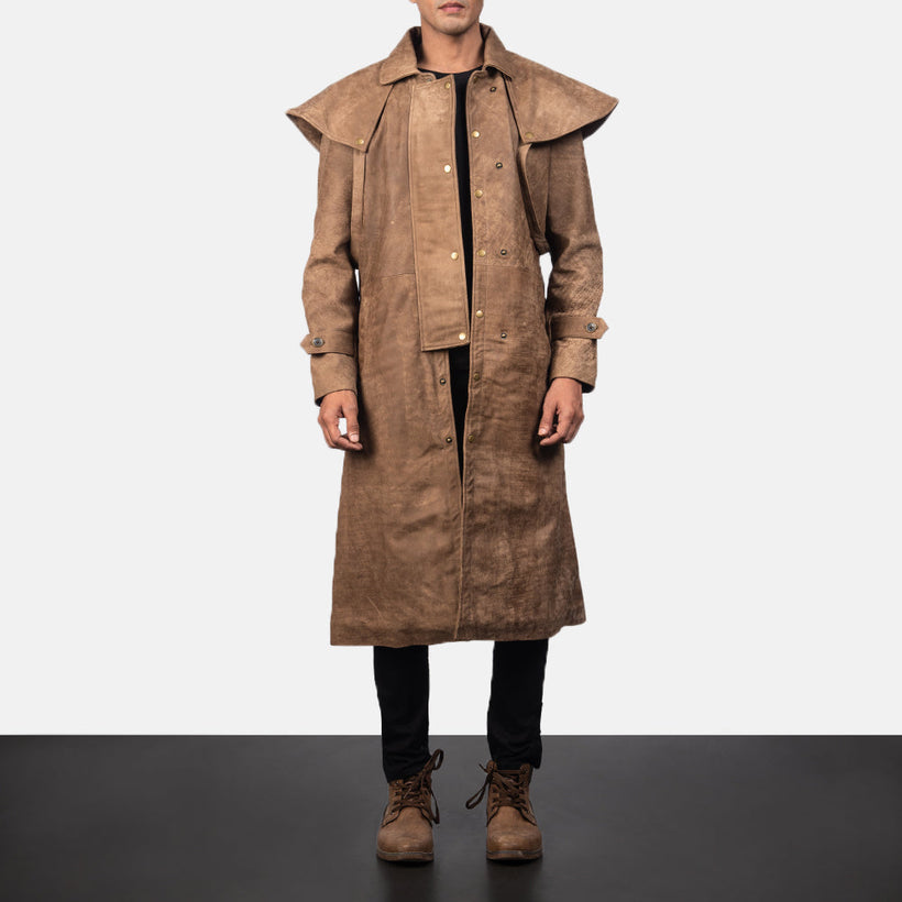 Men's Maverick Brown Leather Duster in Distressed Brown Sheepskin Snuffed - Front Profile View & Tailored Silhouette | Buy Online