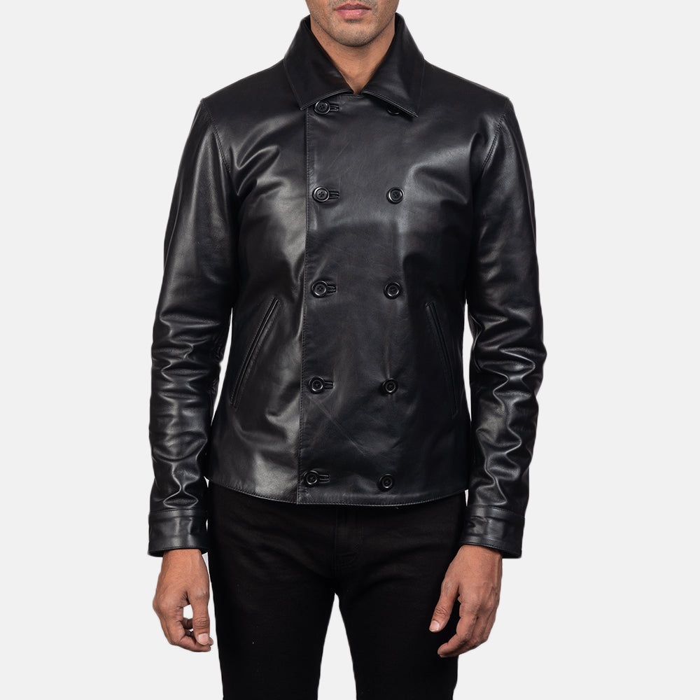 Mod Black Leather Peacoat in Black Cowhide Leather - Front Profile View &amp; Tailored Silhouette | Buy Online