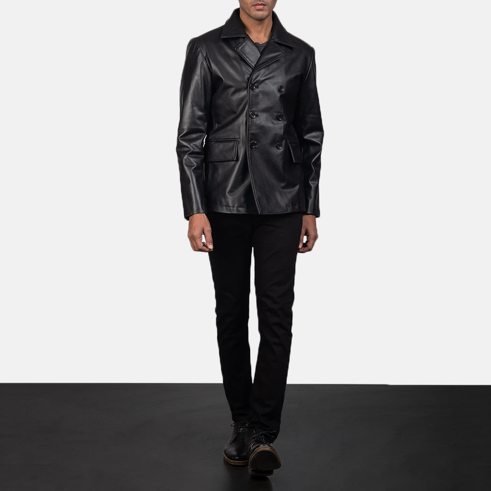 
Men's Mr. Bailey Black Leather Naval Peacoat - Lateral Side Profile View Showing Sleeve Cut & Athletic Taper Fit