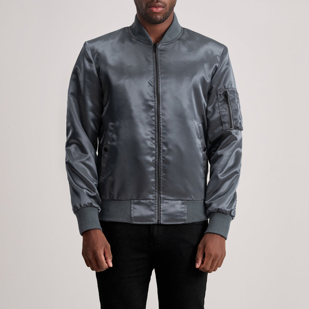 Quinton MA-1 Grey Bomber Jacket in Grey Satin - Front Profile View &amp; Tailored Silhouette | Buy Online