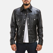 Men's Ranchson Black Leather Shirt in Black Sheepskin Leather - Front Profile View &amp; Tailored Silhouette | Buy Online