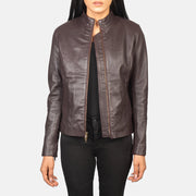 
Women's Rumella Maroon Leather Biker Jacket in Maroon Sheepskin Leather - Front Profile View & Tailored Silhouette | Buy Online