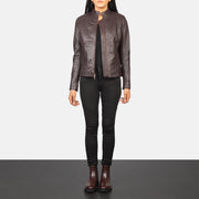 
Women's Rumella Maroon Leather Biker Jacket - Lateral Side Profile View Showing Sleeve Cut & Athletic Taper Fit
