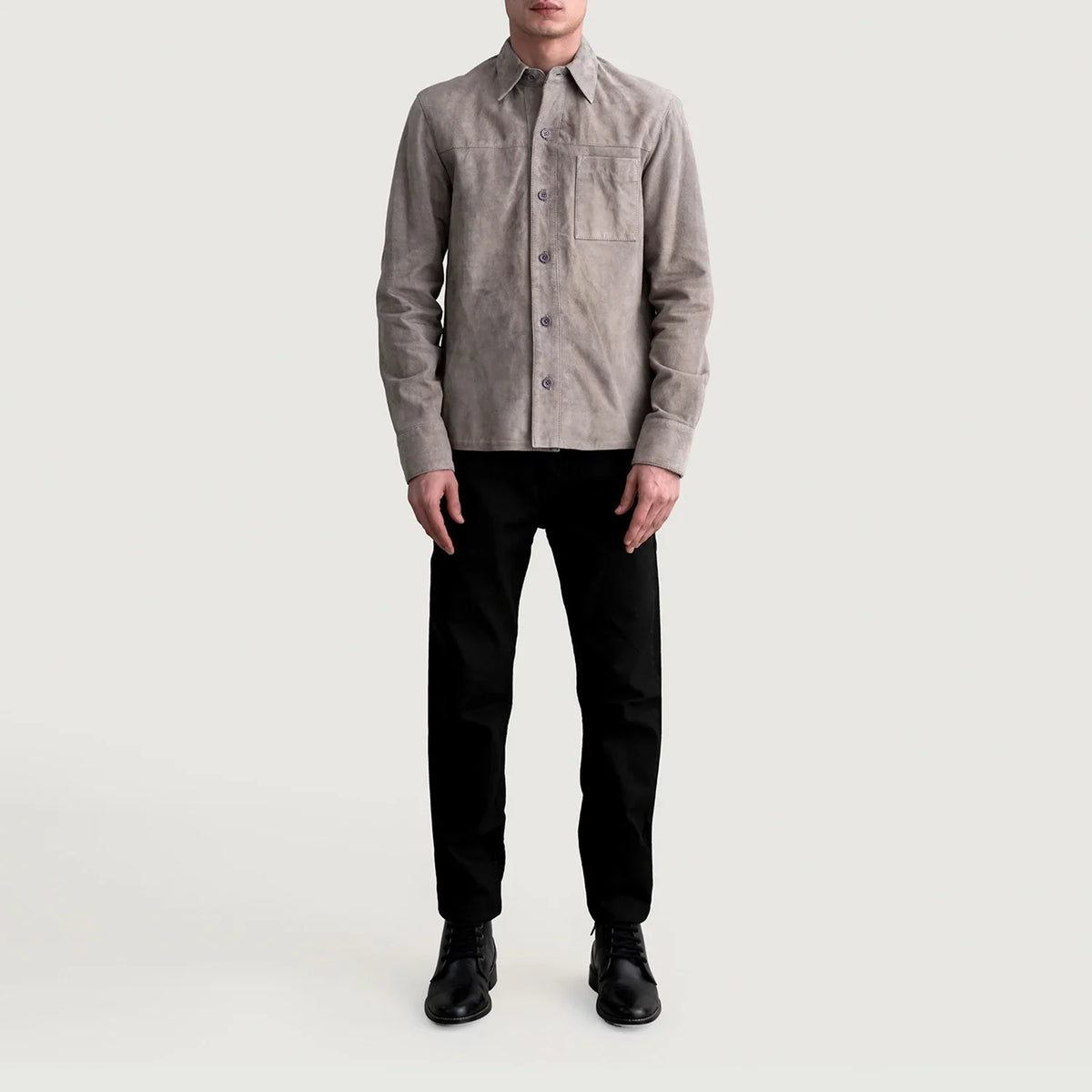 
Close-Up Detail of Shirt & Buttons Hardware on Scout Grey Suede Leather Shirt