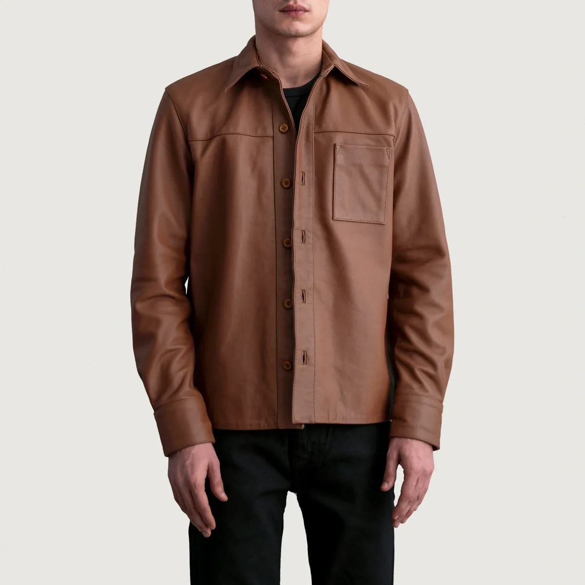 
Scout Matte Brown Leather Shirt in Matte Brown Cowhide Leather - Front Profile View & Tailored Silhouette | Buy Online