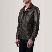 Sean Brown Leather Classic Jacket For Men - Lateral Side Profile View Showing Sleeve Cut &amp; Athletic Taper Fit