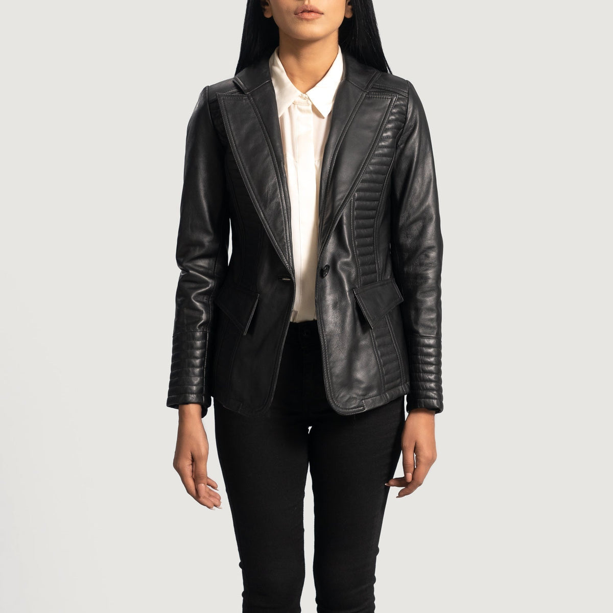 
Women's Selina Black Leather Blazer in Black Sheepskin Leather - Front Profile View & Tailored Silhouette | Buy Online