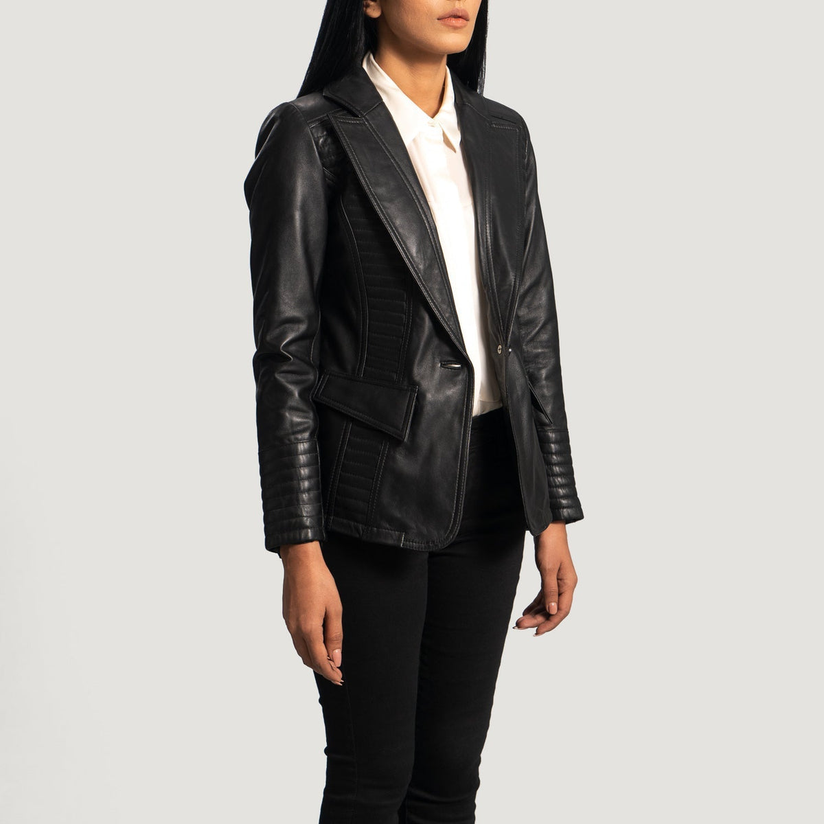 
Black Sheepskin leather Blazer - Back View Showing Tailored Shoulder Fit & Clean Hemline