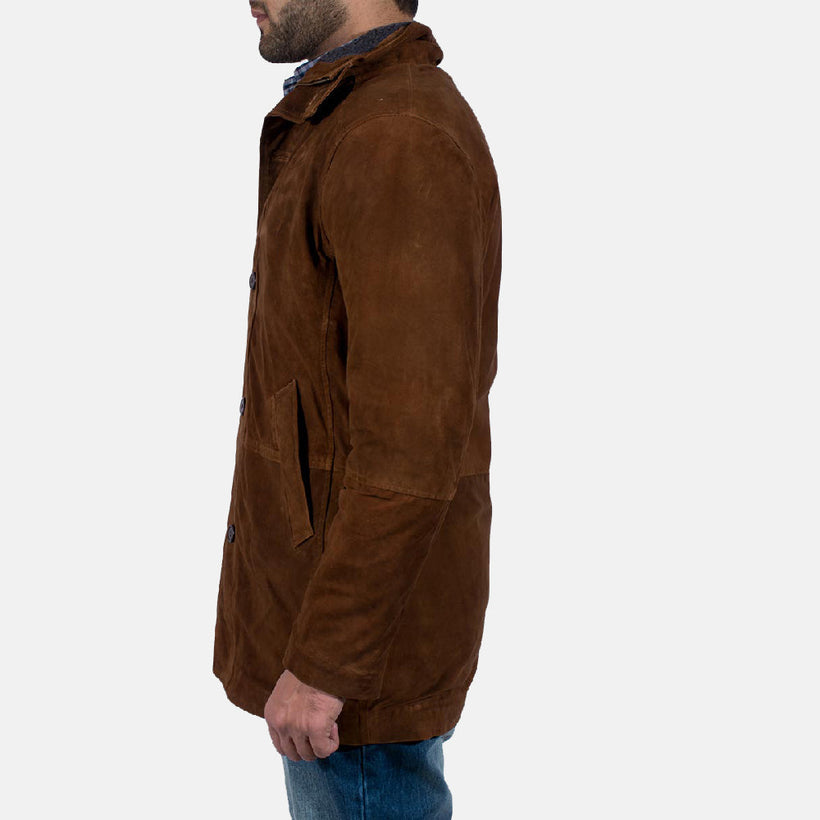 Brown Goatskin suede Jacket - Back View Showing Tailored Shoulder Fit & Clean Hemline
