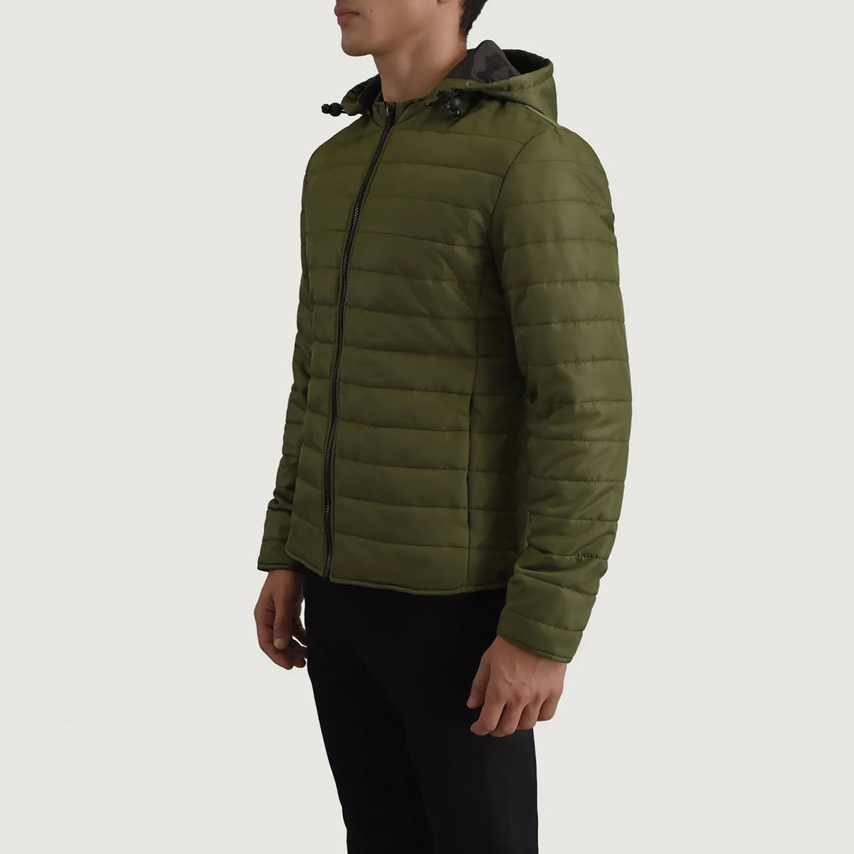 
Green Full-Grain Leather Hooded Jacket - Back View Showing Tailored Shoulder Fit & Clean Hemline