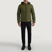 
Tyler Green Hooded Puffer Jacket - Lateral Side Profile View Showing Sleeve Cut & Athletic Taper Fit