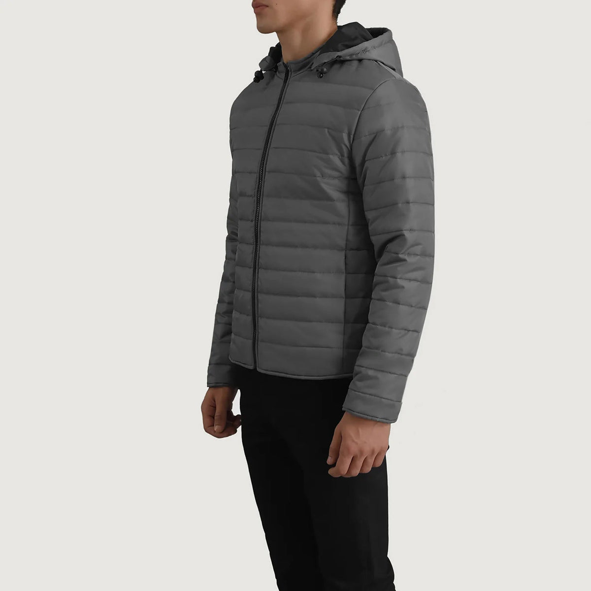 Grey Full-Grain Leather Hooded Jacket - Back View Showing Tailored Shoulder Fit & Clean Hemline