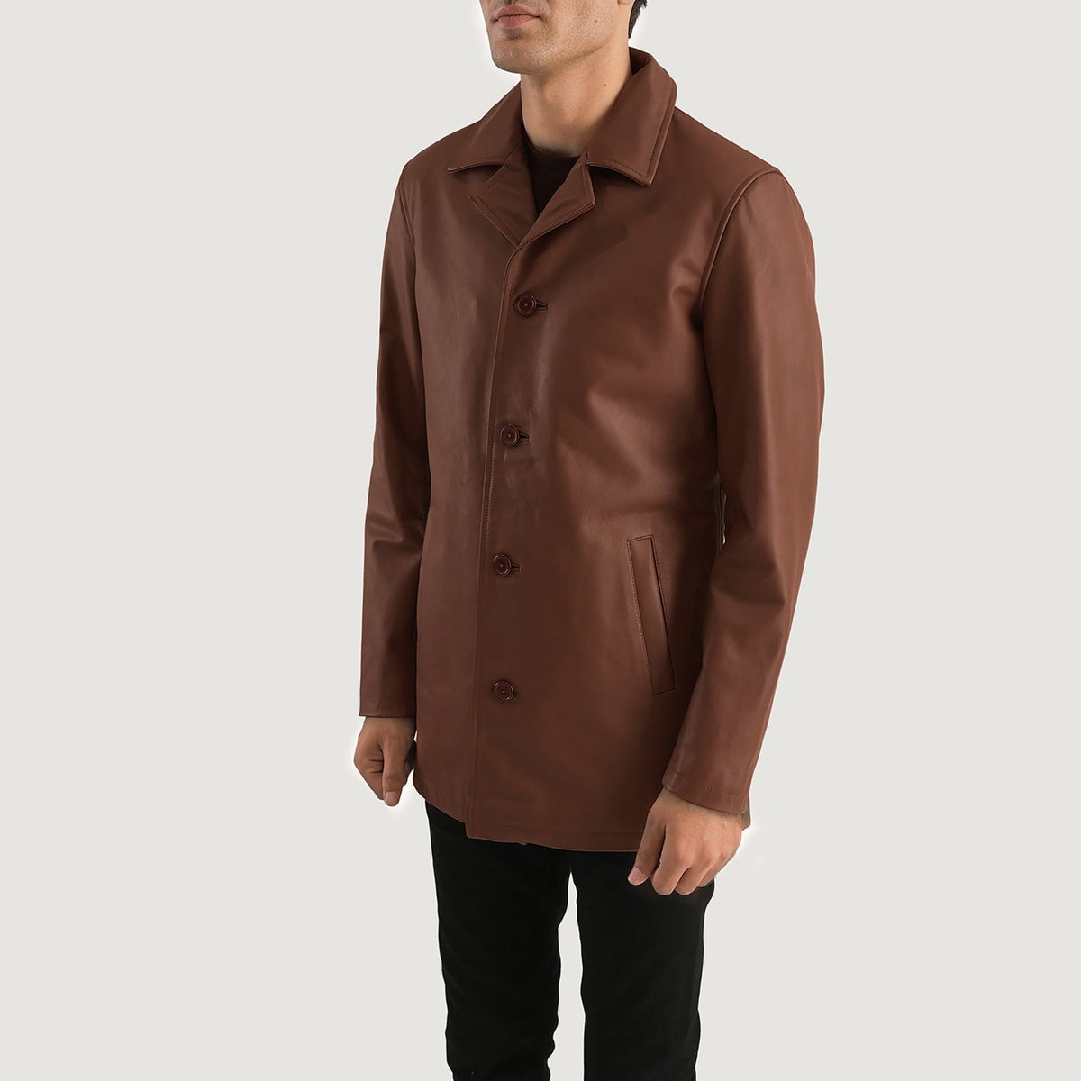 
Brown Cowhide leather Coat - Back View Showing Tailored Shoulder Fit & Clean Hemline