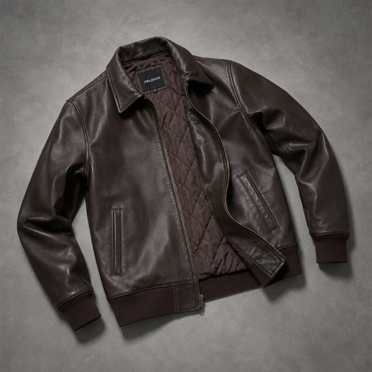 
Tailored Rib Cuffs & Hem Craftsmanship Construction Detail on Dark Brown Sheepskin Leather Bomber Jacket