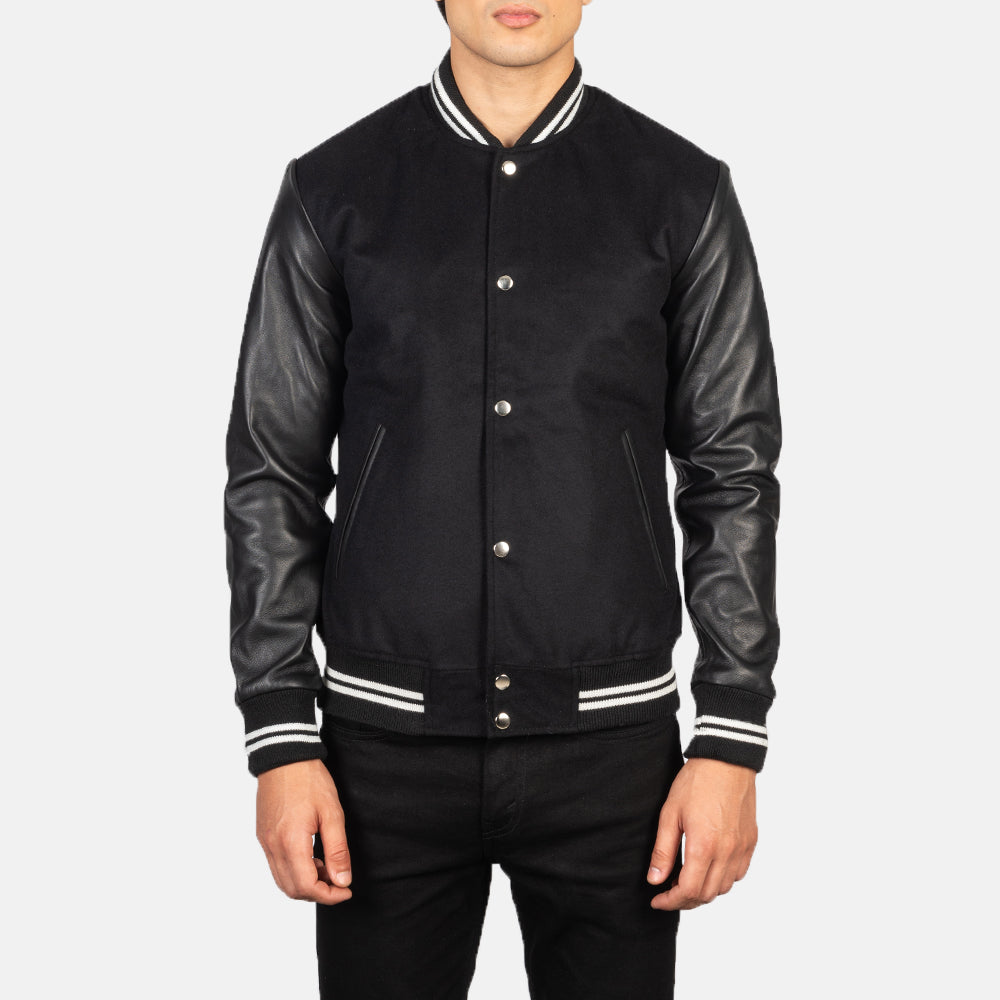
Close-Up Detail of Varsity & Snap Buttons Hardware on Men's Vaxton Black Striped Hybrid Varsity Jacket