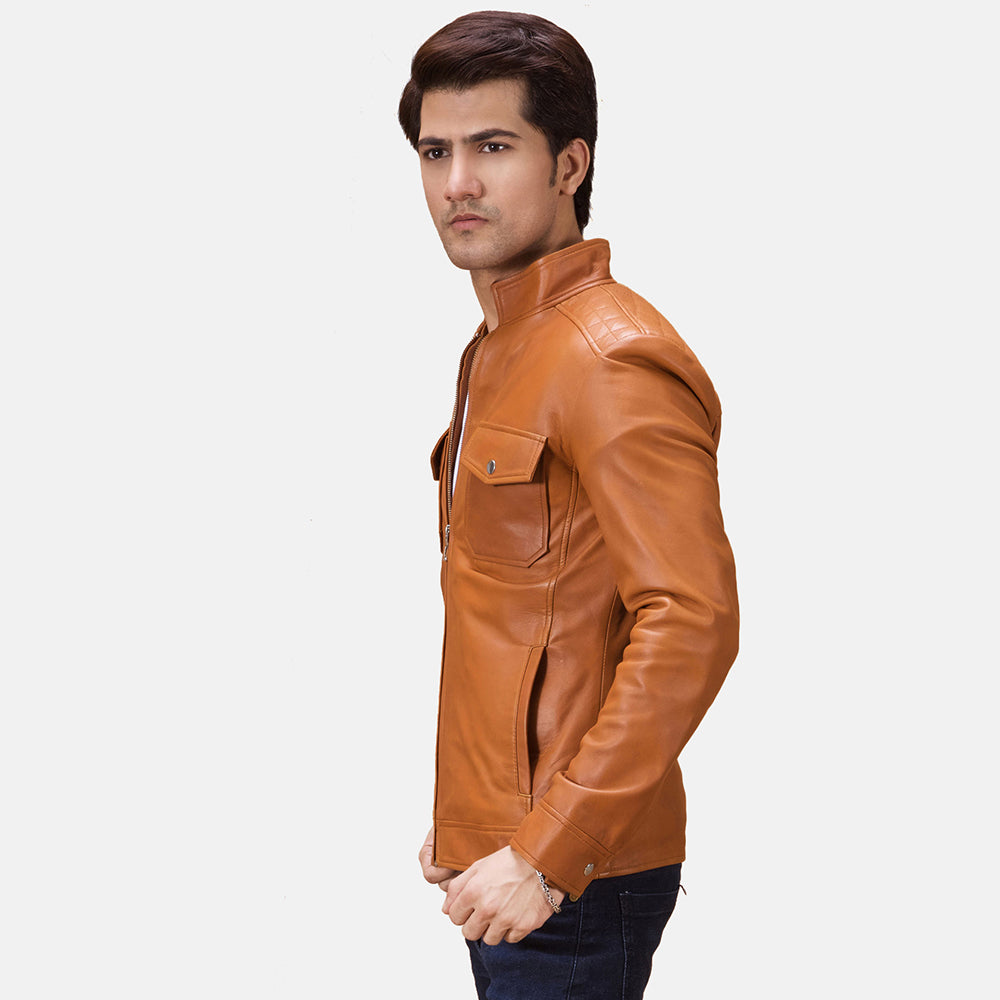 
Tan Brown Sheepskin Leather Biker Jacket - Back View Showing Tailored Shoulder Fit & Clean Hemline
