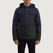 
Close-Up Detail of Classic Collar & Heavy-Duty Zipper Hardware on Wayne Black & Blue Hooded Puffer Jacket