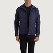 
Wesley Blue Hooded Windbreaker Jacket in Blue Full-Grain Leather - Front Profile View & Tailored Silhouette | Buy Online