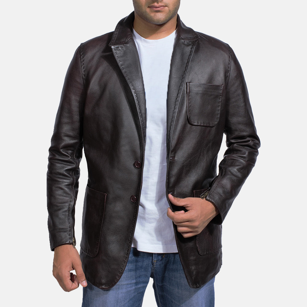 Dark Brown Cow Hide leather Blazer - Back View Showing Tailored Shoulder Fit &amp; Clean Hemline