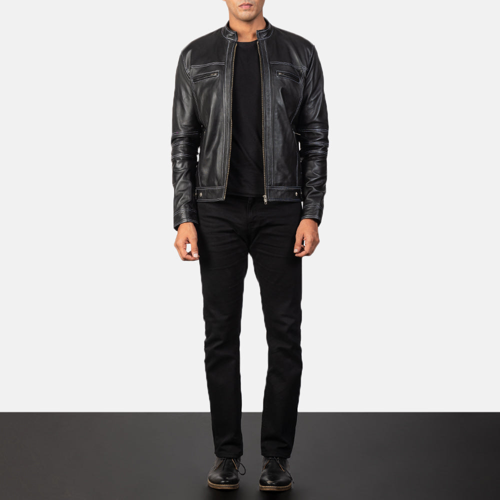 
Youngster Distressed Black Leather Jacket - Lateral Side Profile View Showing Sleeve Cut & Athletic Taper Fit