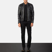 
Youngster Distressed Black Leather Jacket - Lateral Side Profile View Showing Sleeve Cut & Athletic Taper Fit