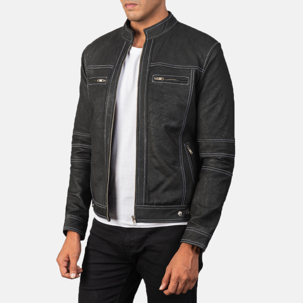 
Styled Fit Perspective of Youngster Distressed Black Leather Jacket on Model - Natural Daylight Drape